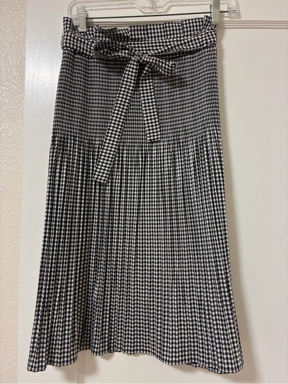 Zara Black and White Gingham Midi Skirt with Waist Tie Belt